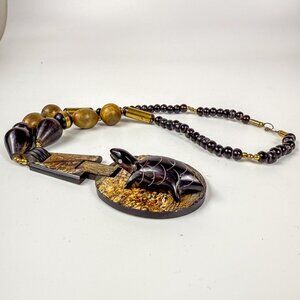 Artisan Tribal Carved Horn Ebony Wood Brass Chunky Turtle Pendant Necklace